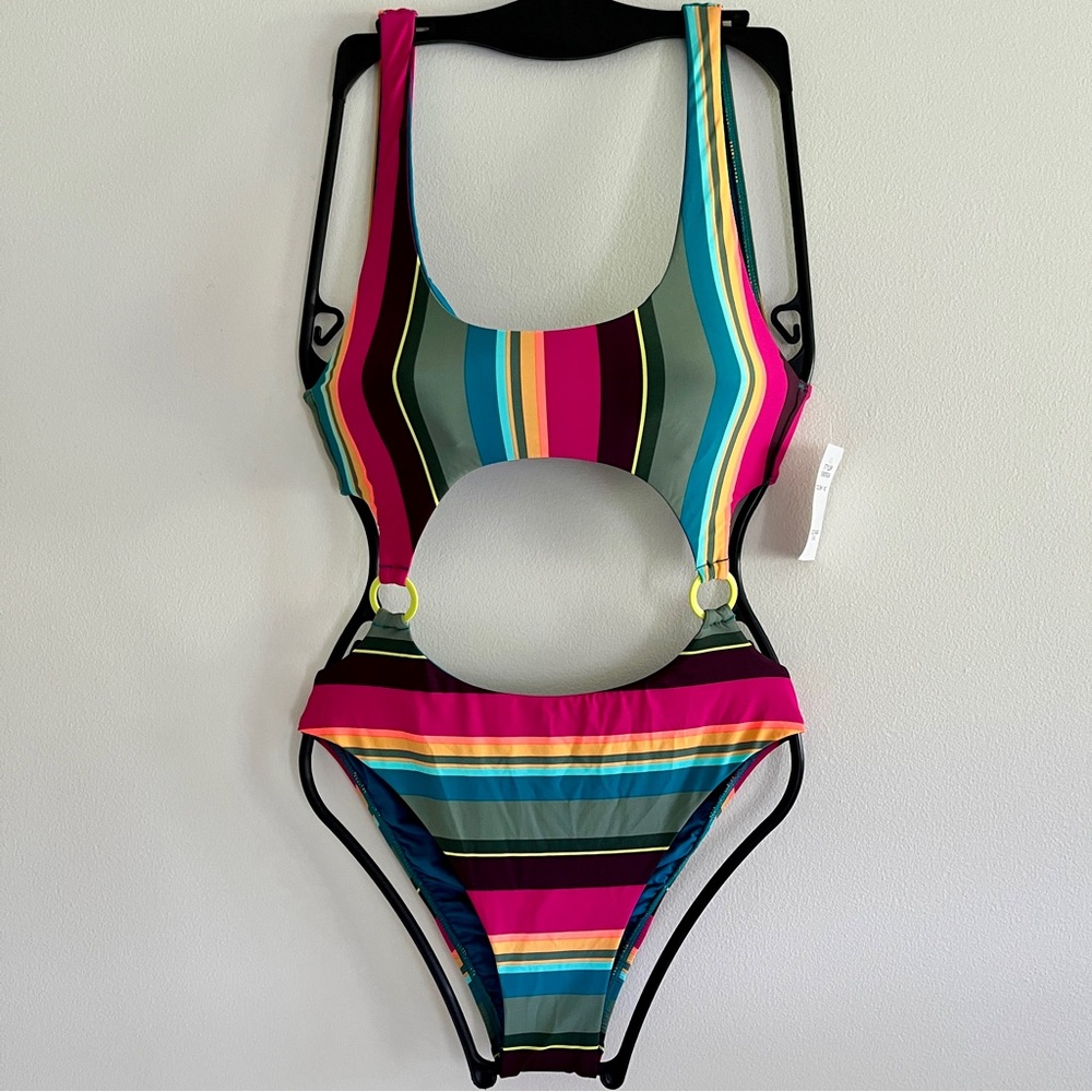 NWT BCBGeneration Vertical Stripe Swimsuit One Piece Retro Cutout Small